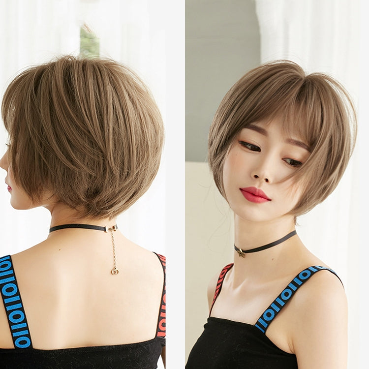 Wig Female Short Hair Round Face Full Top Headgear Short Hair Temperament Bangs Hair Cover(Honey Tea Flax 28CM) - free shipping - PMC TechLife - Order now!