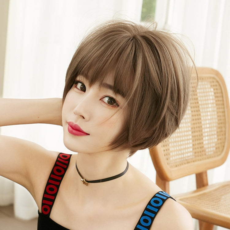 Wig Female Short Hair Round Face Full Top Headgear Short Hair Temperament Bangs Hair Cover(Black Brown 28CM) - free shipping - PMC TechLife - Order now!