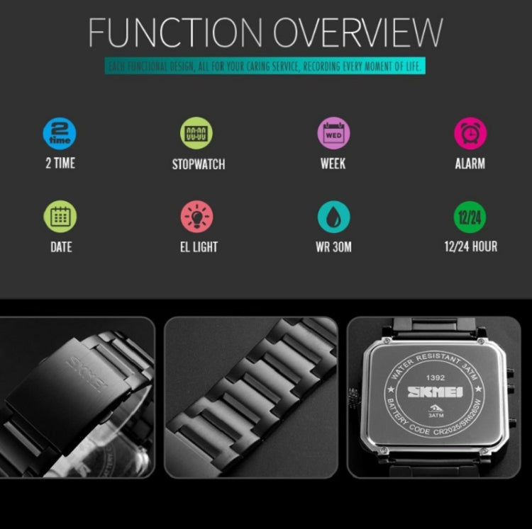 SKMEI 1392 Multi-Function Outdoor Sports Watch Business Double Display Waterproof Electronic Watch(Black) - free shipping - PMC TechLife - Order now!