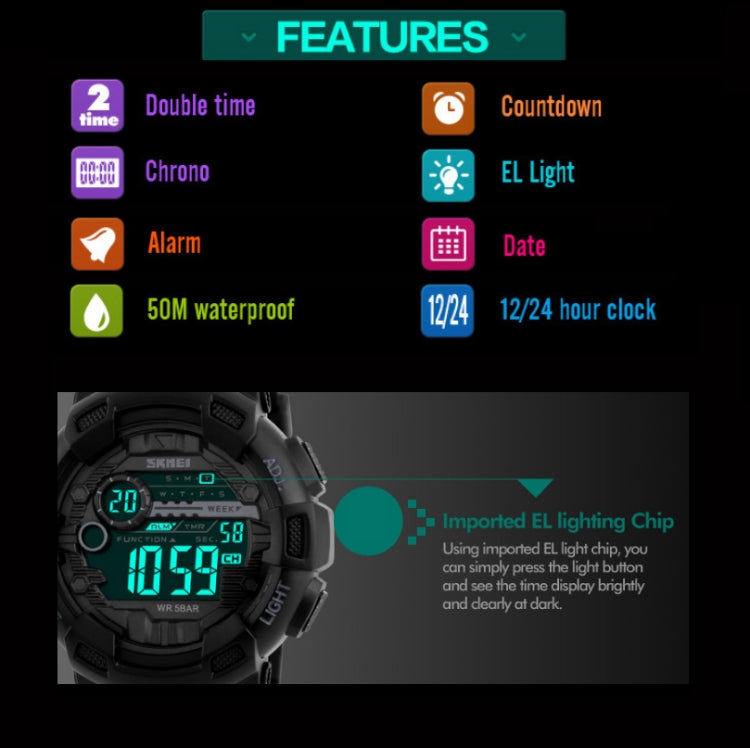 SKMEI 1243 Men Sports Watch Outdoor Waterproof Digital Watch(Black) - free shipping - PMC TechLife - Order now!