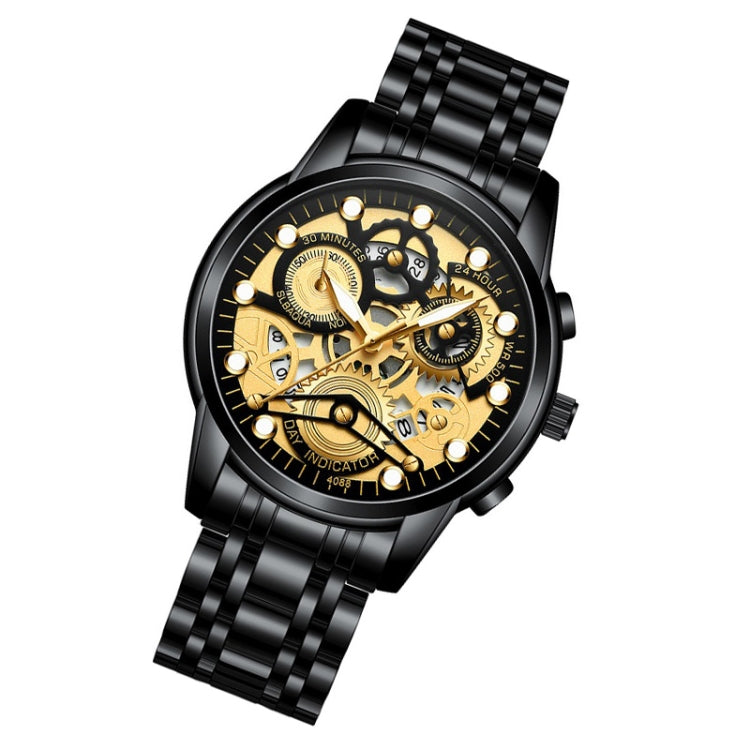 FNGEEN 4088 Men Hollow Quartz Watch Student Waterproof Luminous Watch(Black Steel Black Surface Gold Nails) - free shipping - PMC TechLife - Order now!