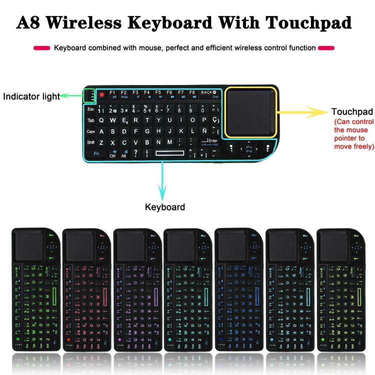 A8 Mini Wireless Mouse And Keyboard With Laser Touchpad Keyboard, Colour: English Colorful Backlight - Laser Keyboard by PMC Jewellery | Online Shopping South Africa | PMC Jewellery | Buy Now Pay Later Mobicred