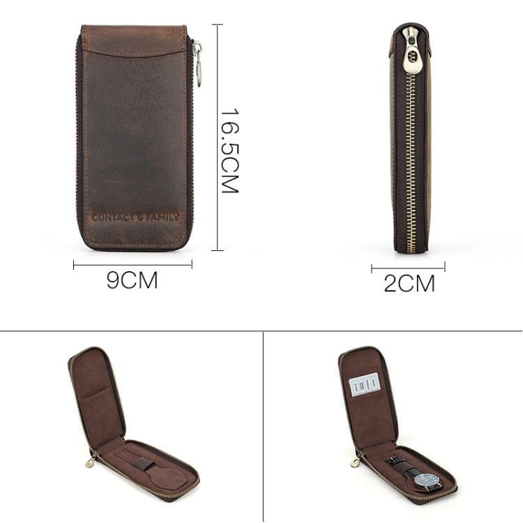 Contacts Family CF1121  Retro Crazy Horse Leather Watch Storage Box Single Watch Seat Portable Watch Zipper Bag(Coffee) - free shipping - PMC TechLife - Order now!