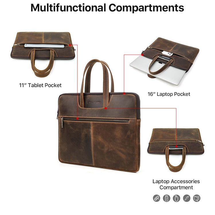 CONTACTS FAMILY  CF3010 Crazy Horse Leather Multifunctional Laptop Handbag For Macbook Pro 16 Inch(Coffee) - free shipping - PMC Jewellery - Order now!