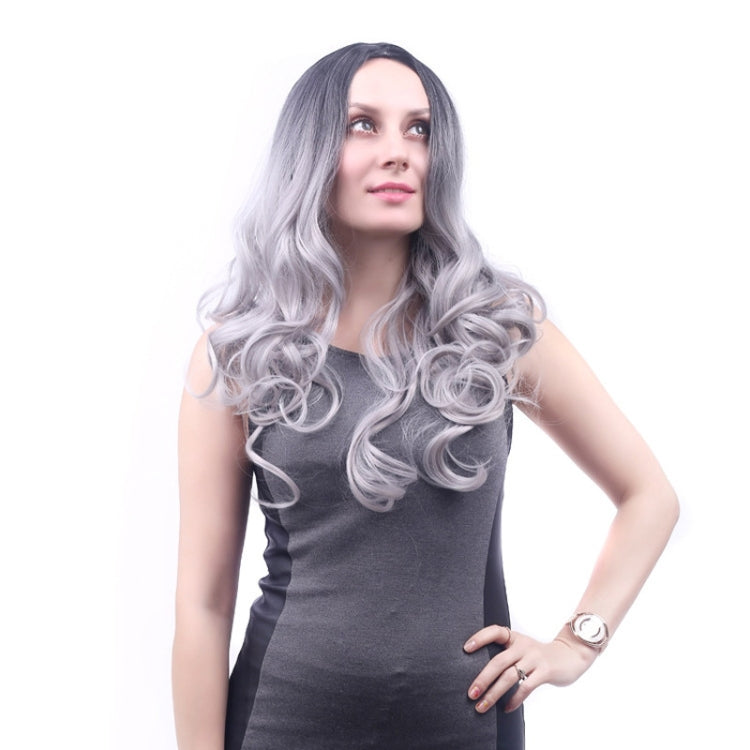 Women Medium Haircut Bangs Black Gradient Granny Grey Long Curly Big Wave Wig(Black Gray) - free shipping - PMC TechLife - Order now!