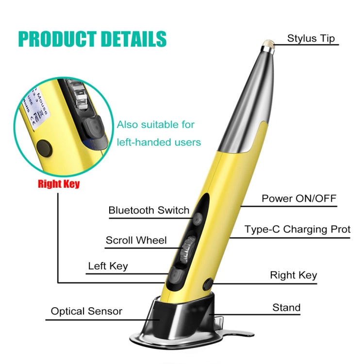 PR-A19 2.4GHz Wireless Charging Bluetooth Mouse Pen Type Shining Quiet Mouse(Yellow) - free shipping - PMC Jewellery - Order now!