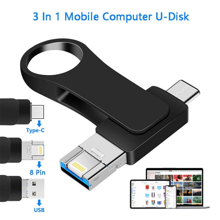8GB USB 3.0 + 8 Pin + USB-C / Type-C 3 in 1 Mobile Computer Metal U-Disk(Black) - free shipping - PMC Jewellery - Order now!