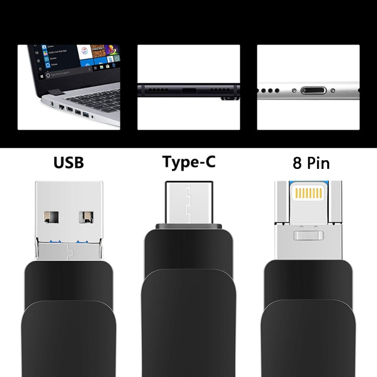 8GB USB 3.0 + 8 Pin + USB-C / Type-C 3 in 1 Mobile Computer Metal U-Disk(Black) - free shipping - PMC Jewellery - Order now!