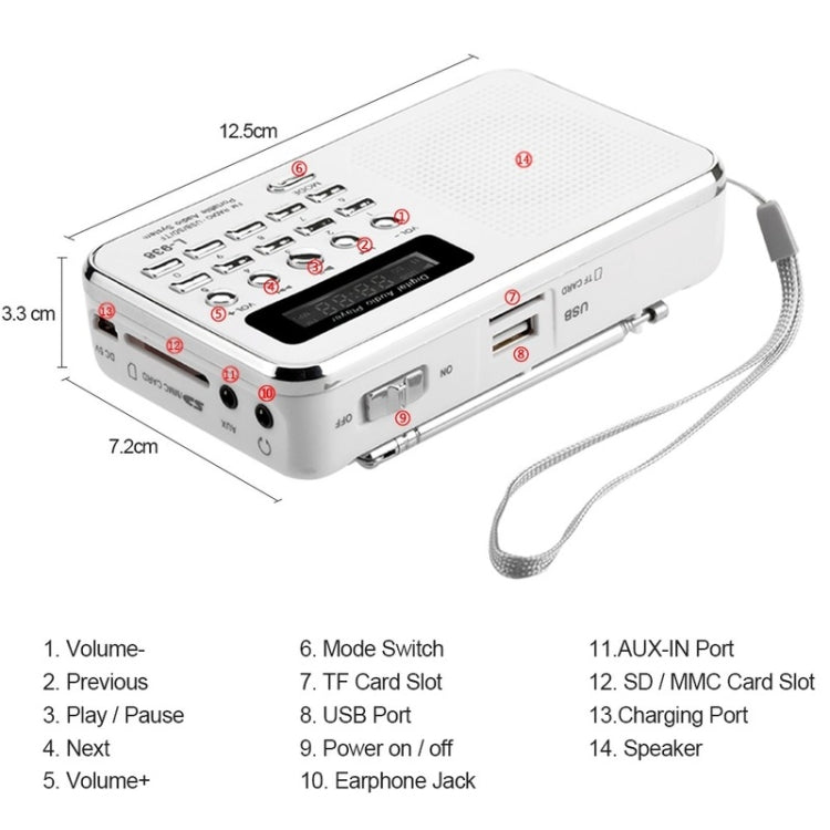 L-938  MP3 Audio Player FM Radio Support  SD MMC Card AUX-IN Earphone-out(White) - Radio Player by PMC TechLife | Online Shopping South Africa | PMC TechLife | Buy Now Pay Later Mobicred