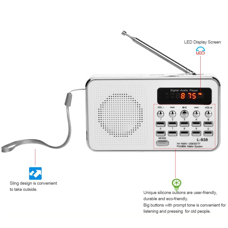 L-938  MP3 Audio Player FM Radio Support  SD MMC Card AUX-IN Earphone-out(White) - Radio Player by PMC TechLife | Online Shopping South Africa | PMC TechLife | Buy Now Pay Later Mobicred