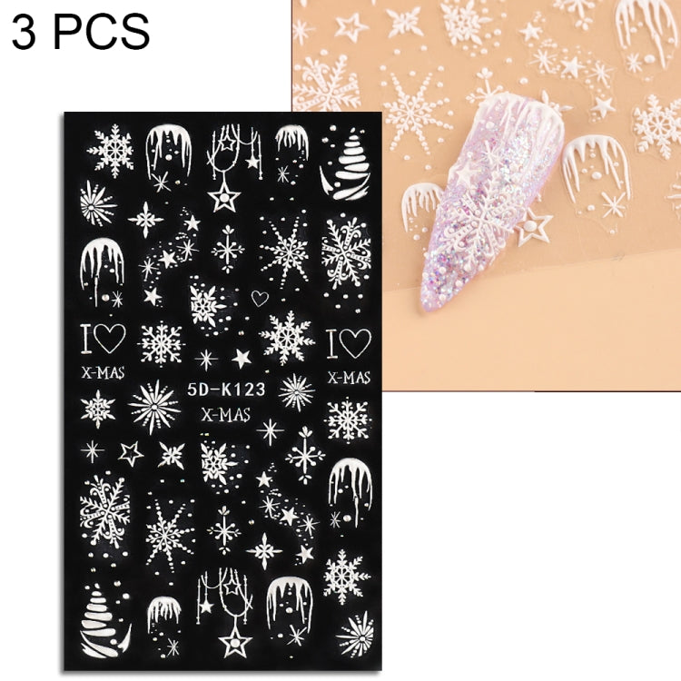 3 PCS 5D Embossed Nail Stickers Christmas Snowflake Elk Nail Stickers(5D-K123) - free shipping - PMC Jewellery - Order now!
