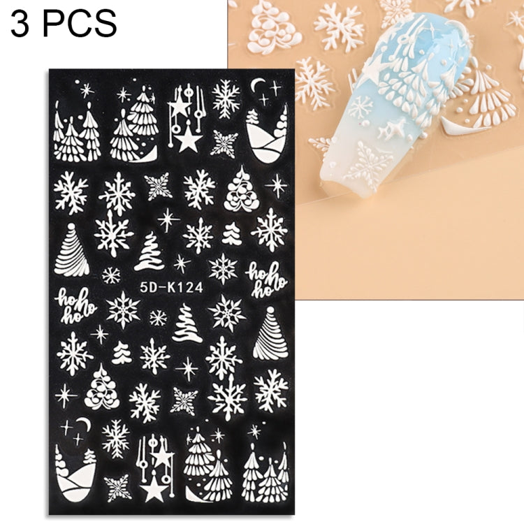 3 PCS 5D Embossed Nail Stickers Christmas Snowflake Elk Nail Stickers(5D-K124) - free shipping - PMC Jewellery - Order now!
