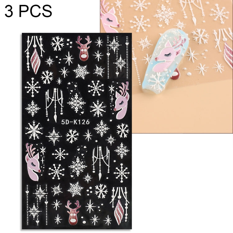 3 PCS 5D Embossed Nail Stickers Christmas Snowflake Elk Nail Stickers(5D-K126) - free shipping - PMC Jewellery - Order now!