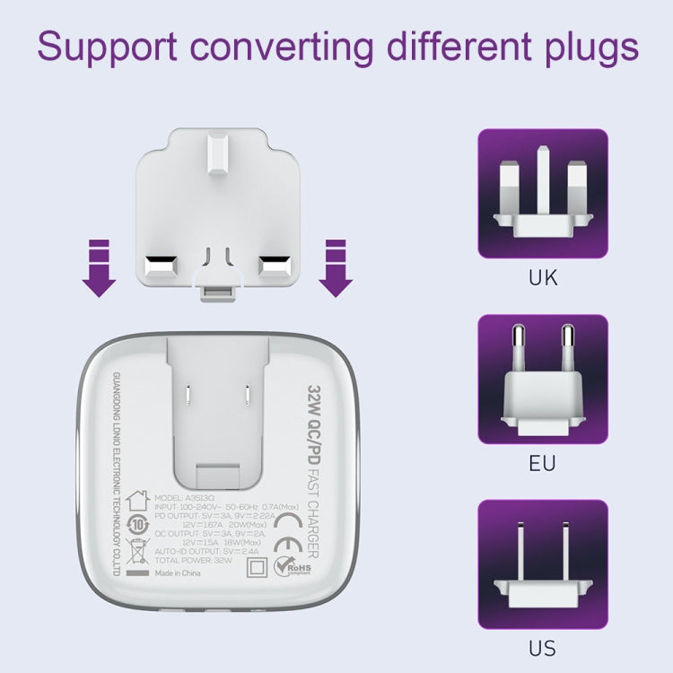 LDNIO A3513Q 32W QC3.0 3 USB Ports Phone Adapter UK Plug with Type-C to 8 Pin Cable - free shipping - PMC TechLife - Order now!