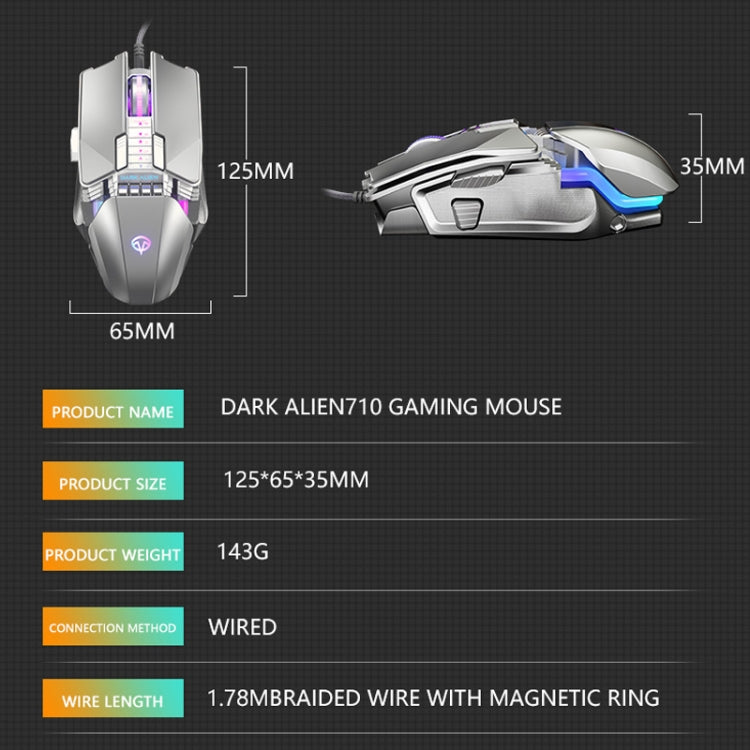 Dark Alien V710 7 Keys Metal Office Wired Glowing Mouse, Cable Length: 1.78m(Black) - free shipping - PMC Jewellery - Order now!