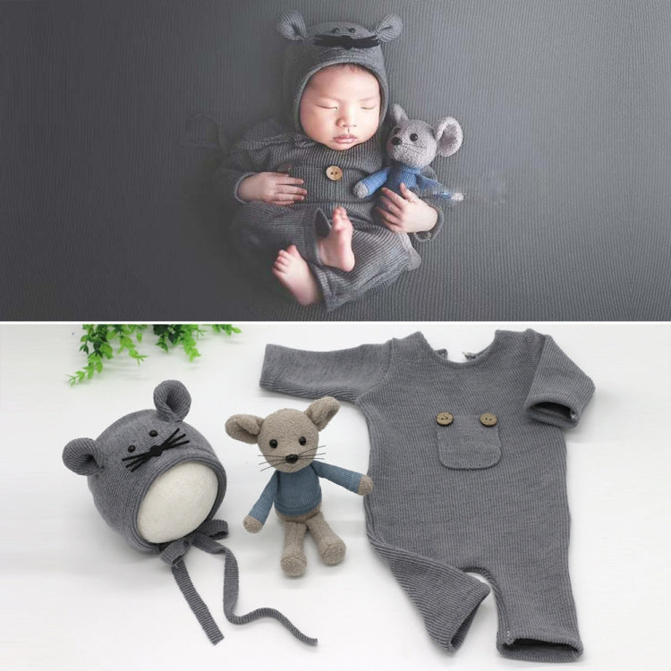 Newborn Photography Clothing Baby Knitted Jumpsuit + Hat + Mouse Doll Three-Piece Set(Grey) - Baby Photo Props by PMC TechLife | Online Shopping South Africa | PMC TechLife | Buy Now Pay Later Mobicred