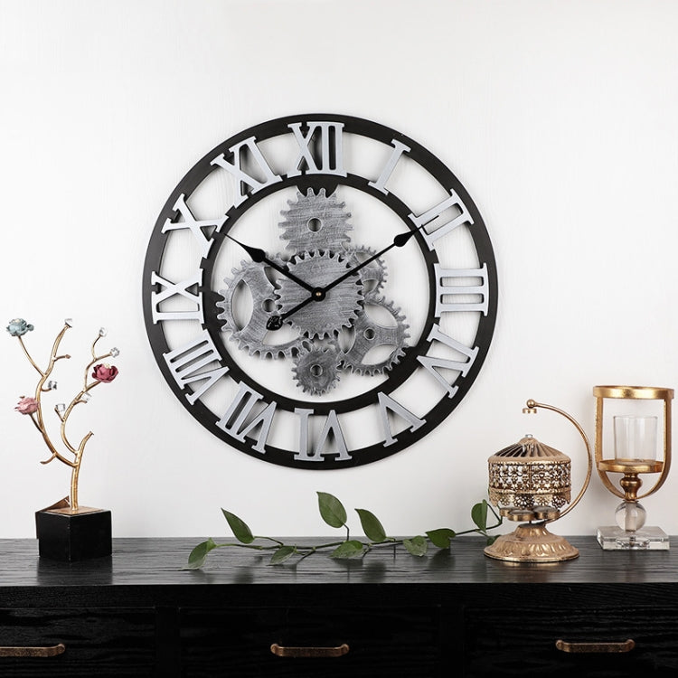 Vintage Wooden Round Gear Silent Wall Clock Rome Number  58cm  6 Gears  Silver - free shipping - PMC TechLife - Order now!