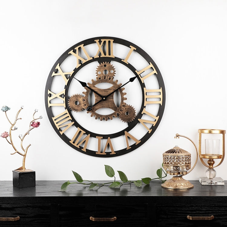 Vintage Wooden Round Gear Silent Wall Clock Rome Number  58cm 4 Gears Golden - Wall Clock by PMc TechLife | Online Shopping South Africa | PMc TechLife | Buy Now Pay Later Mobicred