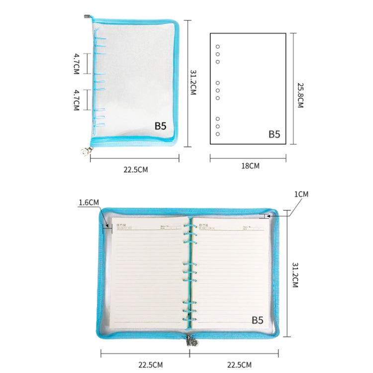 B5 9 Rings Loose-leaf Journal Clear PVC Cover Zipper Planner Notebook Without Inner Pages(Sky Blue) - free shipping - PMc TechLife - Order now!