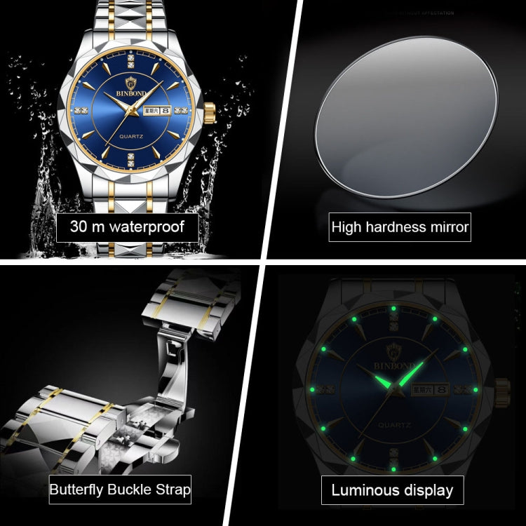 BINBOND B5552 Luminous Multifunctional Business Calendar Quartz Watch(Female-Inter-gold-Blue) - free shipping - PMC TechLife - Order now!