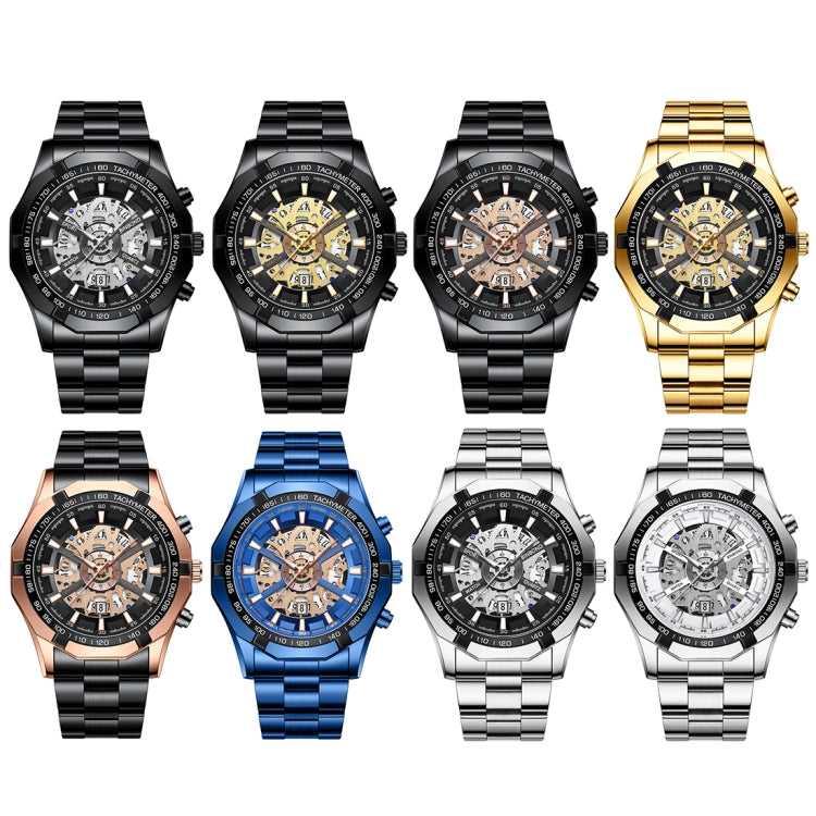 BINBOND S033 Hollowed Mechanical 30m Waterproof Luminous Quartz Watch, Color: Black Steel-Black-Gold - free shipping - PMC TechLife - Order now!