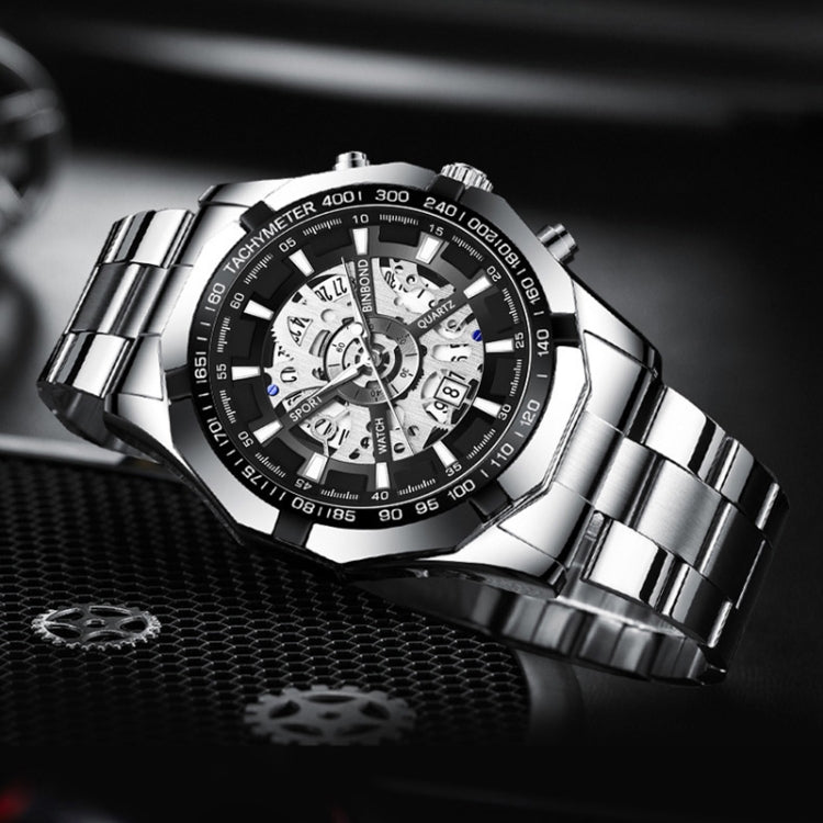 BINBOND S033 Hollowed Mechanical 30m Waterproof Luminous Quartz Watch, Color: Black Steel-Black-Rose Gold - free shipping - PMC TechLife - Order now!