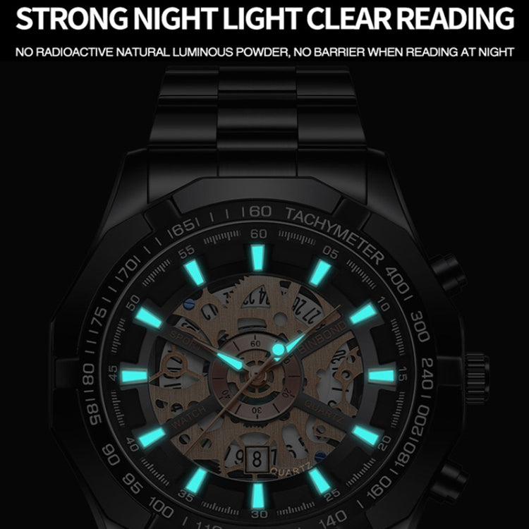 BINBOND S033 Hollowed Mechanical 30m Waterproof Luminous Quartz Watch, Color: Black Steel-Black-Rose Gold - free shipping - PMC TechLife - Order now!