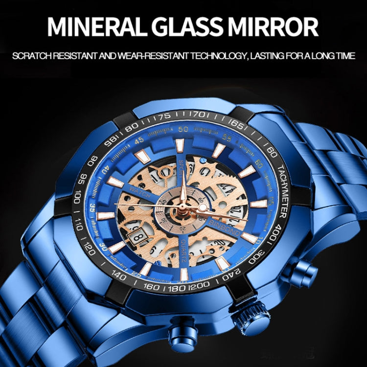 BINBOND S033 Hollowed Mechanical 30m Waterproof Luminous Quartz Watch, Color: Full Gold-Black-Gold - free shipping - PMC TechLife - Order now!