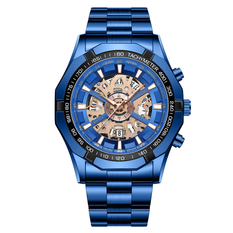BINBOND S033 Hollowed Mechanical 30m Waterproof Luminous Quartz Watch, Color: Blue Steel-Blue - free shipping - PMC TechLife - Order now!