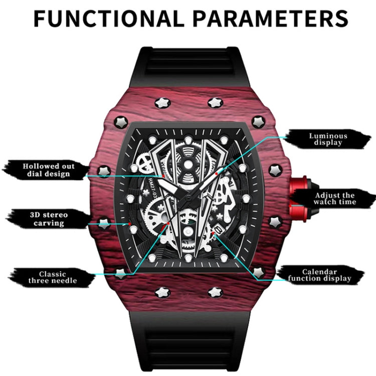 BINBOND B6577 Barrel Shape 30m Waterproof Sports Quartz Watch(Black Silicon-Red-Black) - free shipping - PMC TechLife - Order now!