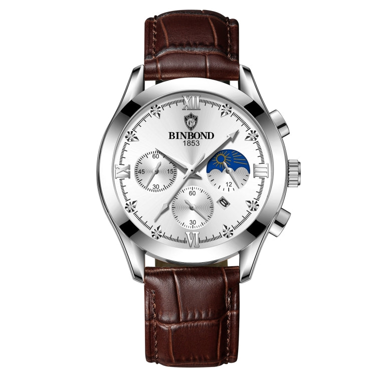 BINBOND B3591 30m Waterproof Luminous Calendar Men Watch, Color: Brown Leather-White-White - free shipping - PMC TechLife - Order now!