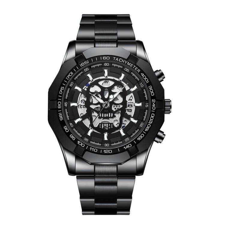 BINBOND S034 30M Water-resistant Quartz Watch Skull Skeleton Luminous Watch(Black Steel Black White Nail) - free shipping - PMC TechLife - Order now!