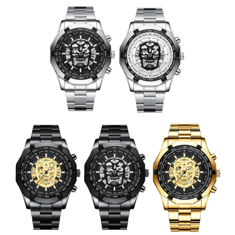 BINBOND S034 30M Water-resistant Quartz Watch Skull Skeleton Luminous Watch(Black Steel Black White Nail) - free shipping - PMC TechLife - Order now!