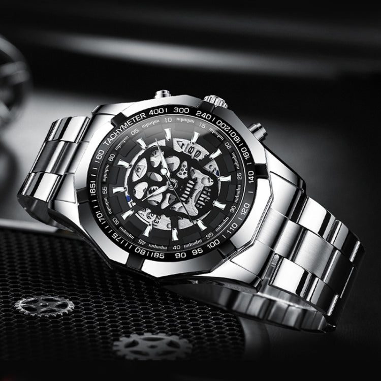 BINBOND S034 30M Water-resistant Quartz Watch Skull Skeleton Luminous Watch(Black Steel Black White Nail) - free shipping - PMC TechLife - Order now!
