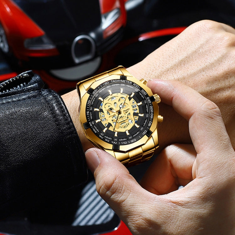 BINBOND S034 30M Waterproof Quartz Watch Skull Skeleton Luminous Watch(Black Steel Black Gold Nail) - free shipping - PMC TechLife - Order now!