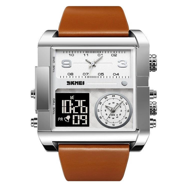 SKMEI 2020 Square Large Dial Triple Movement Men Sports Watch(Silver Shell Brown Belt Black Machine) - free shipping - PMC TechLife - Order now!