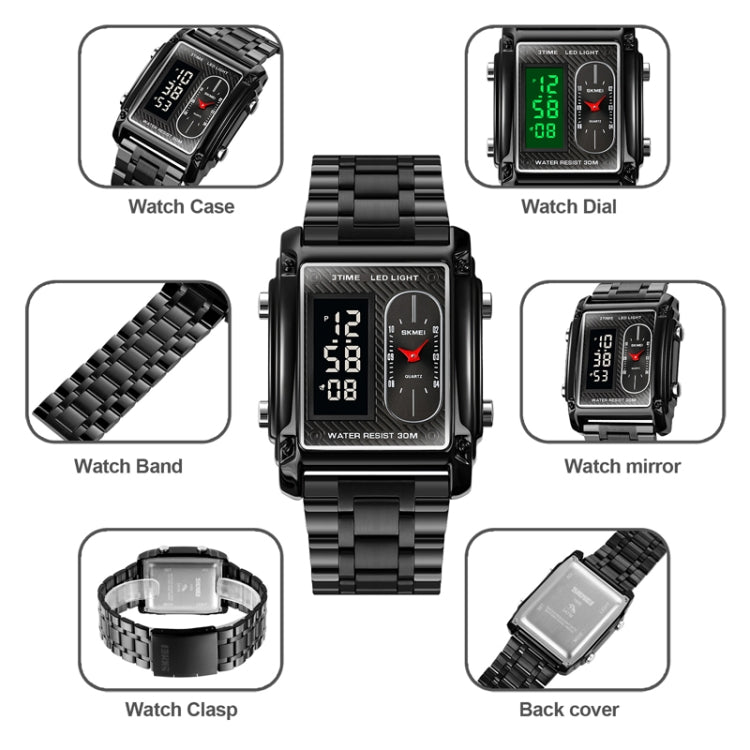 SKMEI 1868 Square Double Display Waterproof Men Watch, Style: Leather Belt (Gold) - free shipping - PMC TechLife - Order now!