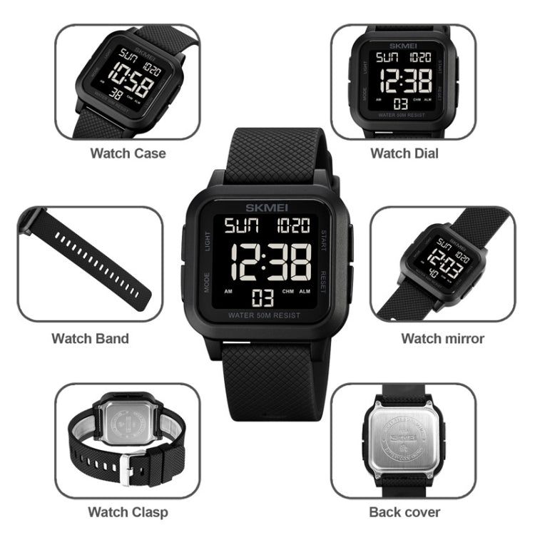 SKMEI 1894 Square Sports Waterproof Student Simple Multifunctional Luminous Watch(Black Black Machine) - free shipping - PMC TechLife - Order now!
