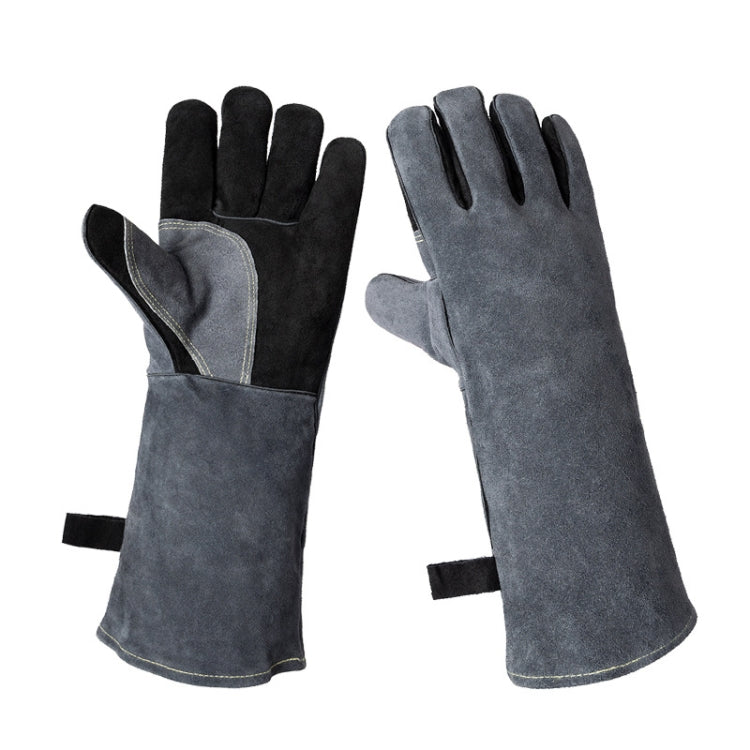 Cowhide BBQ Gloves Thickened Anti-hot Oven Welding Protection Gloves, Specification: A2415 16 inch Gray Black - Safety Gloves by PMC TechLife | Online Shopping South Africa | PMC TechLife