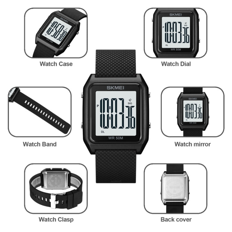 SKMEI 1866 Square Large Screen Men Steel Belt Multi-function Night Light Alarm Clock Watch(Silver Black Machine) - free shipping - PMC TechLife - Order now!