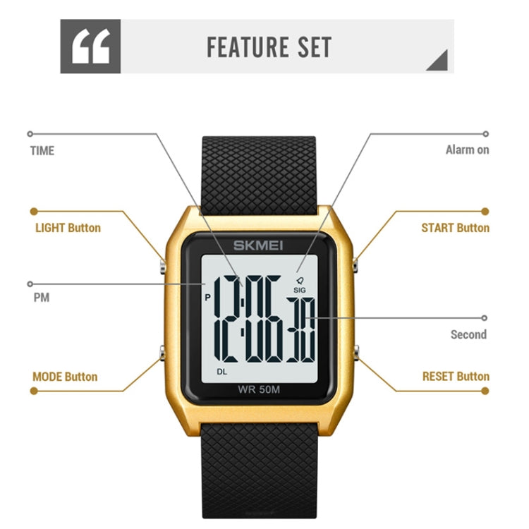 SKMEI 1866 Square Large Screen Men Steel Belt Multi-function Night Light Alarm Clock Watch(Black White Machine) - free shipping - PMC TechLife - Order now!