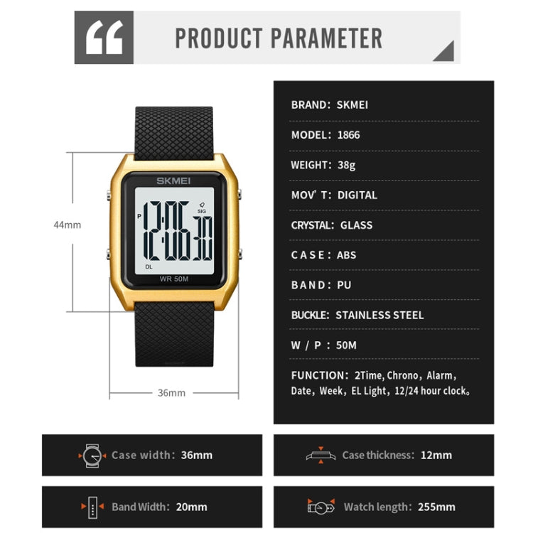 SKMEI 1866 Square Large Screen Men Steel Belt Multi-function Night Light Alarm Clock Watch(Black White Machine) - free shipping - PMC TechLife - Order now!