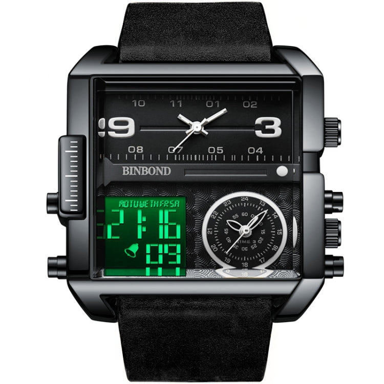 BINBOND B3332 Square Multifunctional Sports Quartz Waterproof Watch(Black Leather-Black-Black-White) - free shipping - PMC TechLife - Order now!