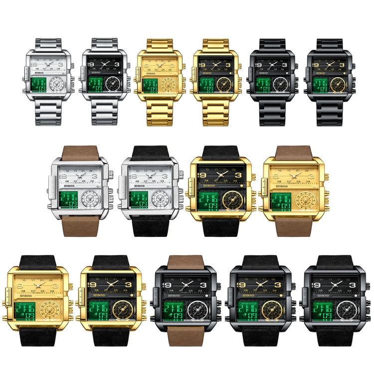 BINBOND B3332 Square Multifunctional Sports Quartz Waterproof Watch(Black Leather-Black-Black-White) - free shipping - PMC TechLife - Order now!