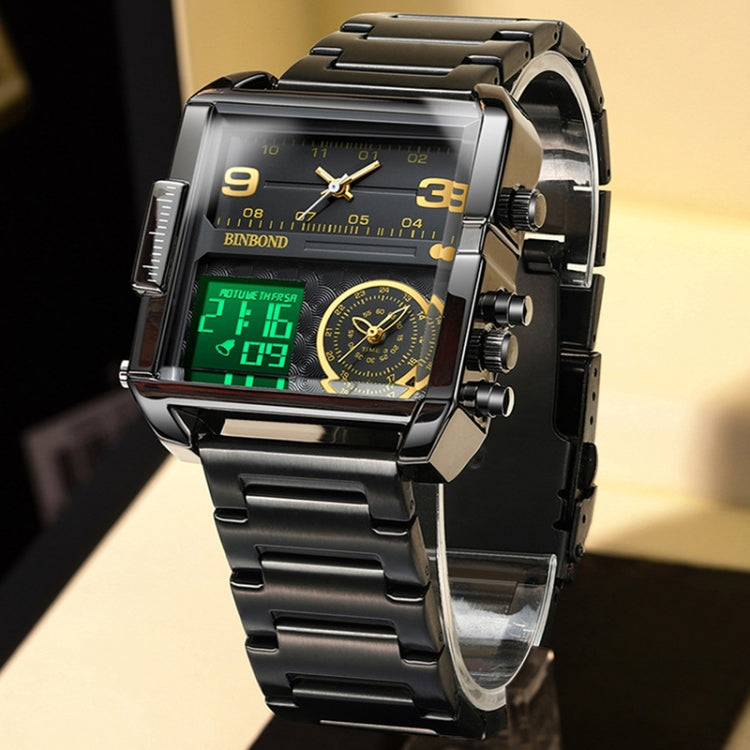 BINBOND B3332 Square Multifunctional Sports Quartz Waterproof Watch(Black Leather-Black-Black-White) - free shipping - PMC TechLife - Order now!