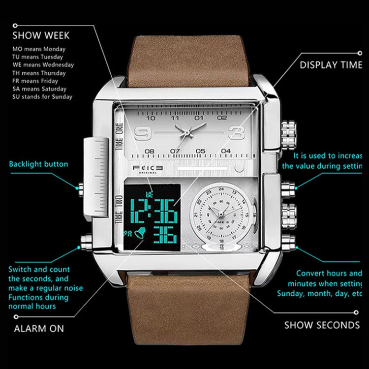 BINBOND B3332 Square Multifunctional Sports Quartz Waterproof Watch(Black Leather-Black-Black-White) - free shipping - PMC TechLife - Order now!