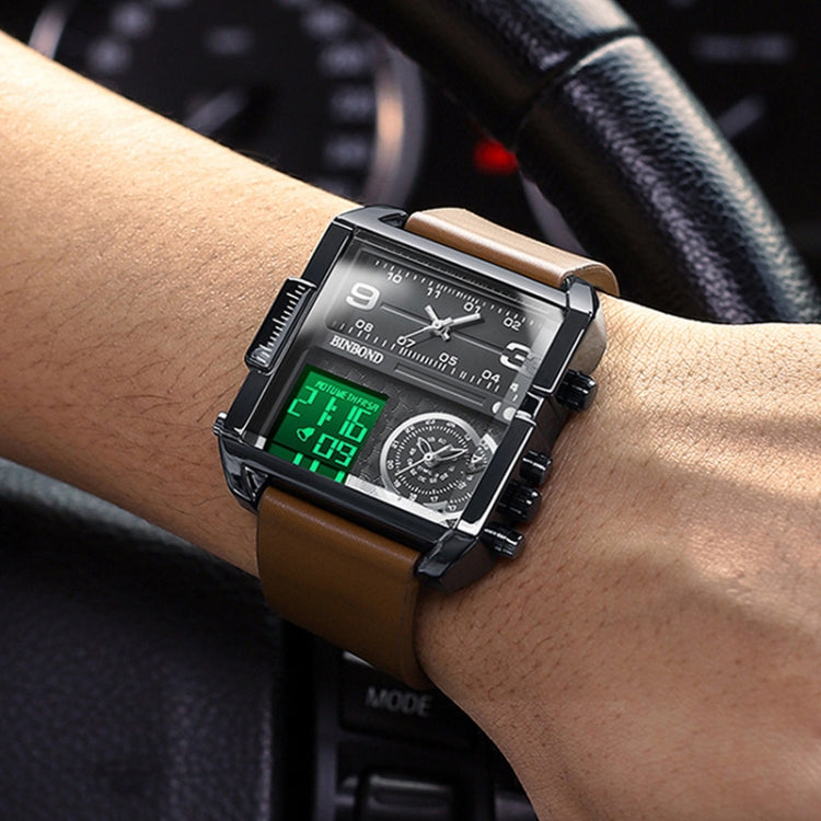 BINBOND B3332 Square Multifunctional Sports Quartz Waterproof Watch(Black Leather-Black-Black-White) - free shipping - PMC TechLife - Order now!