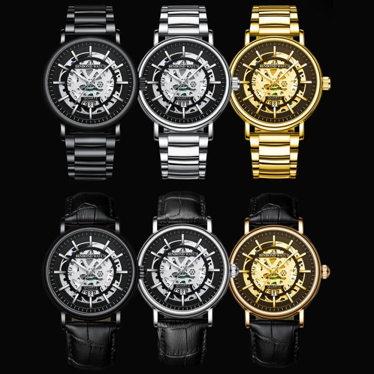 BINBOND B7872 Multifunctional Hollow Luminous Waterproof Quartz Watch, Color: Black Leather-Black-Black - free shipping - PMC TechLife - Order now!