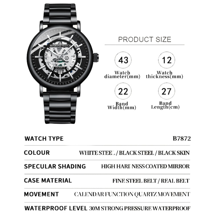 BINBOND B7872 Multifunctional Hollow Luminous Waterproof Quartz Watch, Color: Black Leather-White-Black - free shipping - PMC TechLife - Order now!