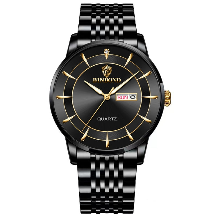 BINBOND B2077 30M Waterproof Quartz Luminous Watch Butterfly Buckle Men's Steel Belt Watch(Black Steel-Black) - free shipping - PMC TechLife - Order now!